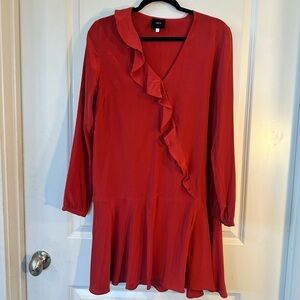 Idano Red 100% Silk Ruffle Lightweight V- Neck Mini Dress, Size Small